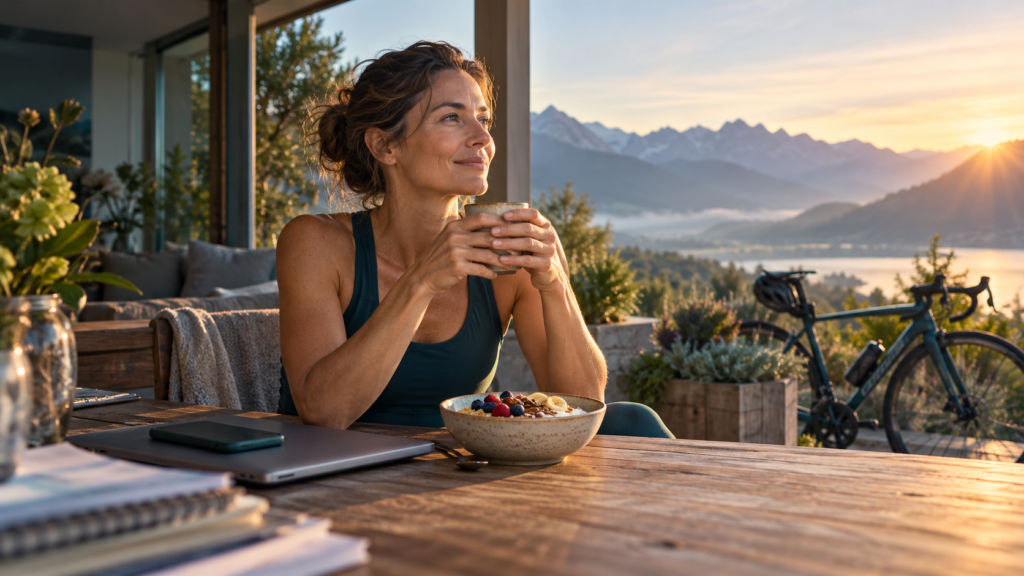 Athlete enjoying breakfast at sunrise, with a closed laptop and road bike nearby.
